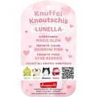 Etikett mit Rosa-Hintergrund: Knuffel-Knautschis LUNELLA. Superpower: MAGIC GLOW. Lieblingsfarbe: RAINBOW PINK. Essen: STAR BERRIES.