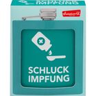 „SCHLUCK IMPFUNG“ steht vor einem Zeichnung mit einer Flasche und einem Löffel, Design in Türkis.