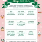 Bingo für Kids: Aufgaben wie "Male ein Bild vom Weihnachtsbaum" oder "Lerne einen Zaubertrick". Weihnachtliche Illustrationen.