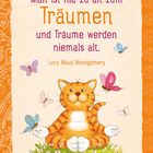 Orangefarbene Katze meditiert mit bunten Schmetterlingen, umrahmt von Blumen und einem Ornamentmuster.