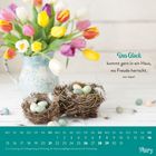 "Das Glück kommt gern in ein Haus, wo Freude herrscht. aus Japan." Blumenstrauß und Vogelnester mit Eiern. März-Kalender.