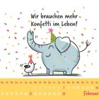 "Wir brauchen mehr Konfetti im Leben!" Ein Elefant und ein Hund mit Partyhüten, umgeben von buntem Konfetti. Kalender für Februar.