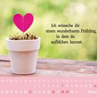 Kalenderseite für März mit rosa Herz-Stecker in einem Blumentopf. Text: "Ich wünsche dir einen wunderbaren Frühling, in dem du aufblühen kannst."