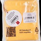 Text: "PP Folienbeutel 100% recycelbar". Gelbes Täschchen, Barcode, QR-Code, Recycling-Symbol. Verpacktes Produkt.