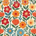 Eine nahtlose, bunte Blumenillustration mit roten, blauen, gelben und orangen Blüten.