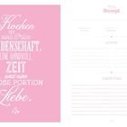 Links steht "Mein Rezept", "Portionen", "Arbeitszeit", "Kochdauer", "Zutaten". Rechts "Zubereitung". Linien für Notizen.