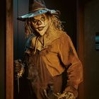 Text: "All Gender Restroom".  
Ein gruselig gekleideter Mann in einem Stroh- und Stoffkostüm mit einem scharfen Gegenstand in der Hand.