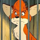 Illustration eines orangefarbenen Fuchses mit großen Ohren, der traurig hinter Gitterstäben schaut.