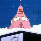 Eine rosa Rakete mit der Zahl "5" hebt von einem Dach ab. Sternenhimmel im Hintergrund.