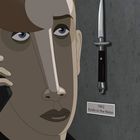 In einer Illustration telefoniert jemand. An der Wand hängen zwei Messer mit den Beschriftungen "1962 Knife in the Water" und "1982 First Blood".