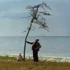 Ein älterer Mann steht neben einem kahlen Baum am Ufer, ein Kind sitzt am Boden. Meer und Himmel im Hintergrund.