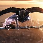 Eine Person kniet auf einer gebogenen Plattform einer futuristischen Stadt bei Sonnenuntergang gegenüber einem fliegenden Gefährt.