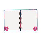 Zwei offene Seiten eines gemusterten Notizbuches, punktiertes Papier, links und rechts mit rosa Blumen verziert.