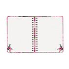 Leeres aufgeschlagenes Notizbuch mit Punkteraster. An den unteren Ecken sind Kolibris und Blumenmotive abgebildet.