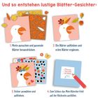Anleitung zur Erstellung von Blättergesichtern in vier Schritten mit Illustrationen von Entenmotiven und Stickern.
