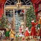 Der Text "CHRISTMAS SHOP" steht über einer Tür, umgeben von festlicher Dekoration mit Weihnachtsbäumen, Kindern und Spielzeug.