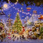 Lichterketten, Weihnachtsbaum, Mond, verschneite Landschaft, viele Tiere in festlicher Stimmung, Geschenke, Marktstimmung.