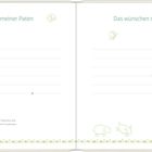 Links: „Die Wünsche meiner Paten“. Rechts: „Das wünschen mir meine Eltern“. Grüne Illustrationen von Schmetterlingen und Schafen.