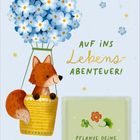 Text: "AUF INS Lebens-ABENTEUER!", "PFLANZE DEINE Wünsche". Illustration: Ein Fuchs in einem Ballon aus blauen Blumen.