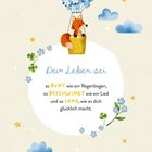 Text in geschwungener Schrift, Blumen und Wolken umrahmen einen Fuchs im Ballon mit blauen Blüten als Ballon.