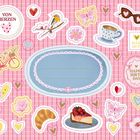 Texte: "VON HERZEN", "ALLES GUTE", "HAPPY BIRTHDAY". Illustration mit Herzen, Blumen, Torte, Schmetterlingen und Tasse.