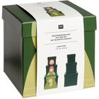 "Geschenkboxen-Set", Illustration von übereinander gestapelten Boxen mit Gesichtern, in grünen Tönen gehalten.