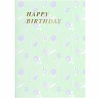 Text: "Happy Birthday". Illustration mit stilisierten lila und weißen Blumenmotiven auf hellgrünem Hintergrund.