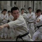 Mehrere Männer in weißen Karate-Gis mit schwarzen Gürteln üben Kampfbewegungen in einem Hof.