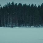 Keine Texte vorhanden. Eine Person sitzt auf einem Hocker vor einem verschneiten Wald, neben einer Thermoskanne.