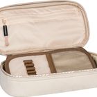 Der Text "smaepp" befindet sich auf einem Reißverschlussetikett. Ein offenes beige Etui mit Fächern und Gummibändern.