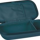 Kein Text erkennbar. Geöffnetes türkisfarbenes Etui mit Fächern, gepolstert und mit Reißverschluss.