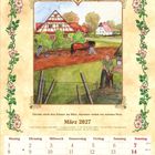 „März 2027“, Spruch: „Fürchte nicht den Schnee im März, darunter wohnt ein warmes Herz.“ Illustration: Bauernhofszene.