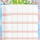 Text: Montag bis Sonntag, mit Feiertagen wie "Internationaler Frauentag", "Frühlingsanfang", "Karfreitag". Illustration mit Tieren.