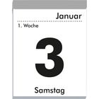 Kalenderblatt mit schwarzer Zahl 3, darüber "Januar" und "1. Woche", darunter "Samstag".