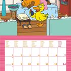 Oben ist ein Kalender mit Wochentagen in mehreren Sprachen. Darunter sind Illustrationen der Maus, dem Elefanten und der Ente.