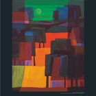 Kalenderblatt für März, Tagenummern von 1 bis 31. Illustration mit bunten, abstrakten Formen und grünem Himmel.