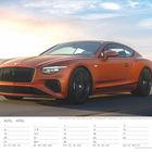 Kalender für April mit einem Auto, Modell Bentley Continental GT, auf einer Landstraße bei Sonnenuntergang.
