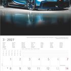 Bugatti Chiron Profilée, 1500 PS, 380 km/h. Kalender März 2027. Ein blauer Sportwagen auf weißem Boden, schwarzer Hintergrund.