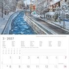 Kalenderblatt März 2027, darunter Feiertage in verschiedenen Sprachen. Landschaft mit Matterhorn, Fluss, Straßen und Häusern.