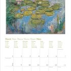 Kalenderblatt für März mit mehrsprachiger Wochentagsangabe. Oben ein Gemälde mit Seerosen und Wasser.