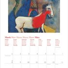 März in mehreren Sprachen, Wochentage und Monatskalender. 
Illustration: Pferd mit Turm auf Rücken, Sternenhimmel.