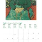 April in verschiedenen Sprachen, darunter Englisch und Deutsch. Kalenderdaten darunter. Gemälde einer sitzenden Frau.