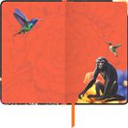 Eine Illustration mit orangefarbener Blumenskizze, zwei Kolibris und einem Affen.