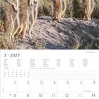 "März 2027. Kalender mit Erdmännchen in der Savanne. Feiertage: Ostern, Karfreitag, Frühlingsanfang hervorgehoben."