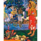 "Ia Orana Maria". Eine farbenfrohe Szene mit Menschen und üppiger Vegetation. Ein Kind wird auf den Schultern getragen.