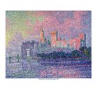 Paul Signac (1863-1935), Papal Palace in Avignon, 1900. Kalenderblatt mit Punktgemälde einer Burg am Wasser.
