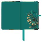 Keine Texte vorhanden. Illustration eines Notizbuches, geöffnet, mit grünen Seiten und einem großen, grünen Blattmotiv rechts.