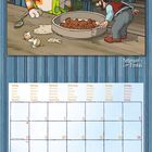 Kalendertabelle für März 2027. Illustration von einem Mann und einer Katze in einer Küche.