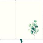 Keine Texte. Illustration mit zarten, aquarellierten grünen Blättern auf zwei Seiten verteilt.
