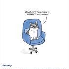 "SORRY, BUT THIS CHAIR IS CURRENTLY OCCUPIED." Ein Hund sitzt auf einem blauen Bürostuhl. Januar-Kalender darunter.